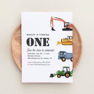 Construction Vehicles 1st Birthday Party Invitation