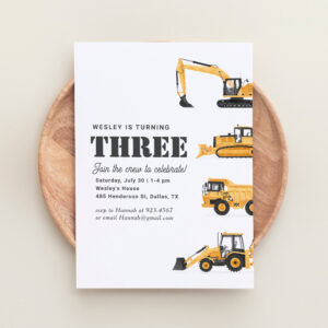 Construction Vehicles 3rd Birthday Party Invitation