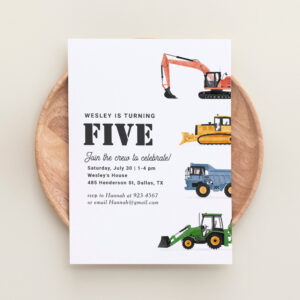 Construction Vehicles 5th Birthday Party Invitation