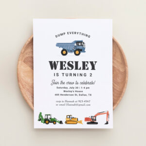 Construction Vehicles Boy Birthday Party Invitation