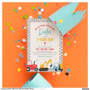 Construction Vehicles Boy Birthday Party Invitation