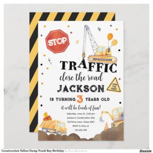 Construction Yellow Dump Truck Boy Birthday Invitation