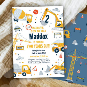 Construction Yellow Dump Truck Digger Boy Birthday Invitation