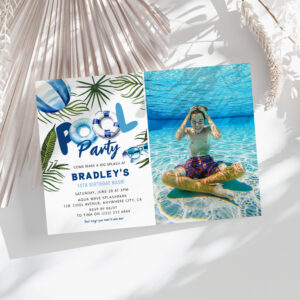 Cool Dude Pool Party Boy Photo Birthday Invitation
