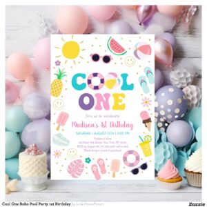 Cool One Boho Pool Party 1st Birthday Invitation