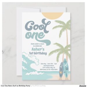 Cool One Retro Surf 1st Birthday Party Invitation