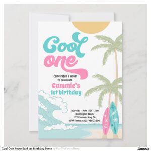Cool One Retro Surf 1st Birthday Party Invitation