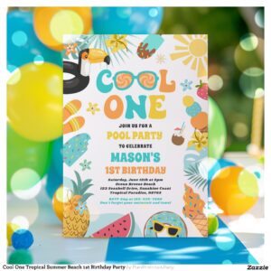 Cool One Tropical Summer Beach 1st Birthday Party Invitation