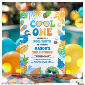 Cool One Tropical Summer Beach 1st Birthday Party Invitation
