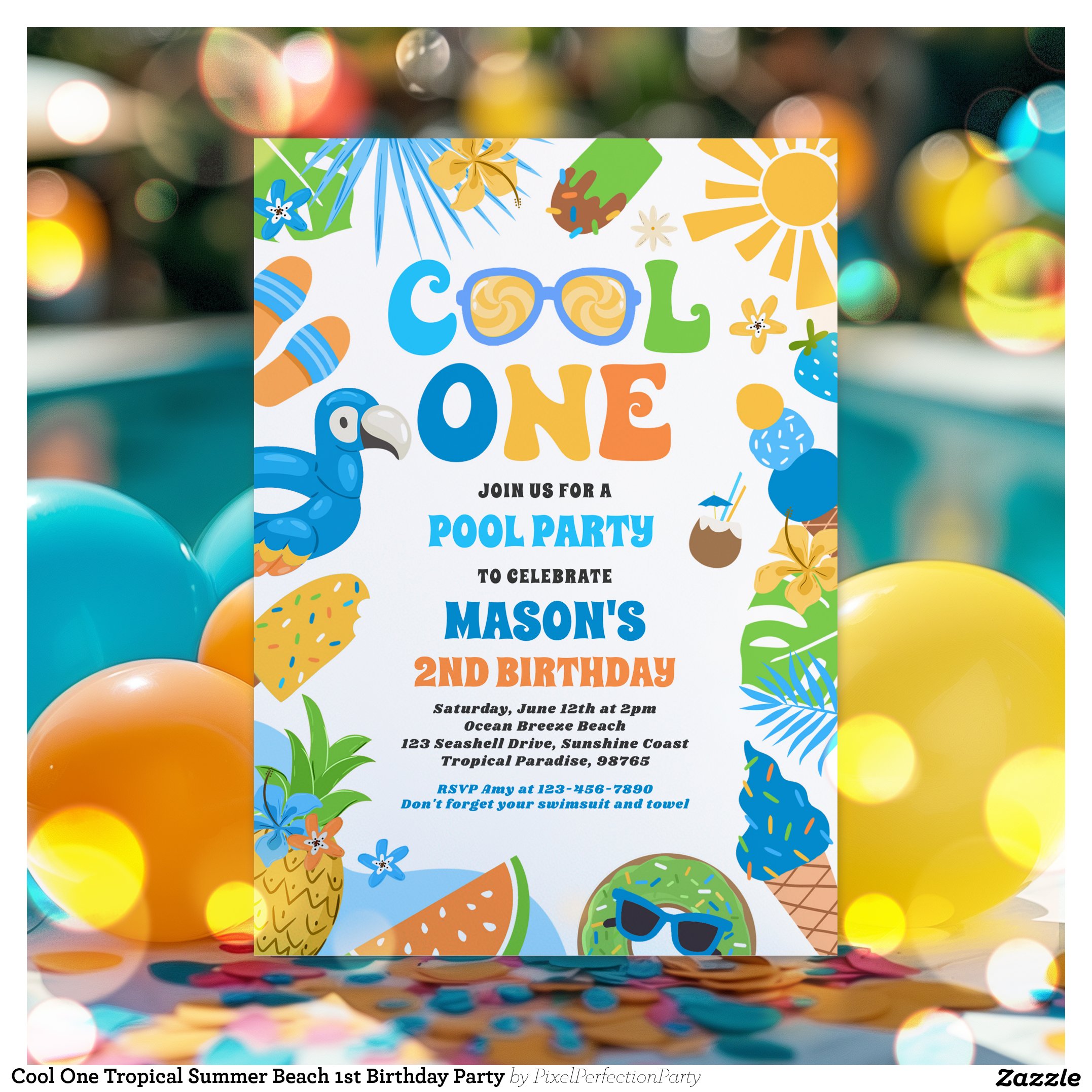 Cool One Tropical Summer Beach 1st Birthday Party Invitation