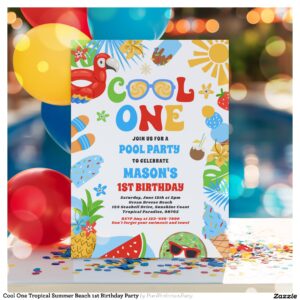 Cool One Tropical Summer Beach 1st Birthday Party Invitation