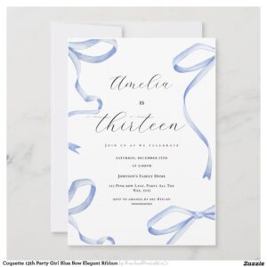 Coquette 13th Party Girl Blue Bow Elegant Ribbon Invitation