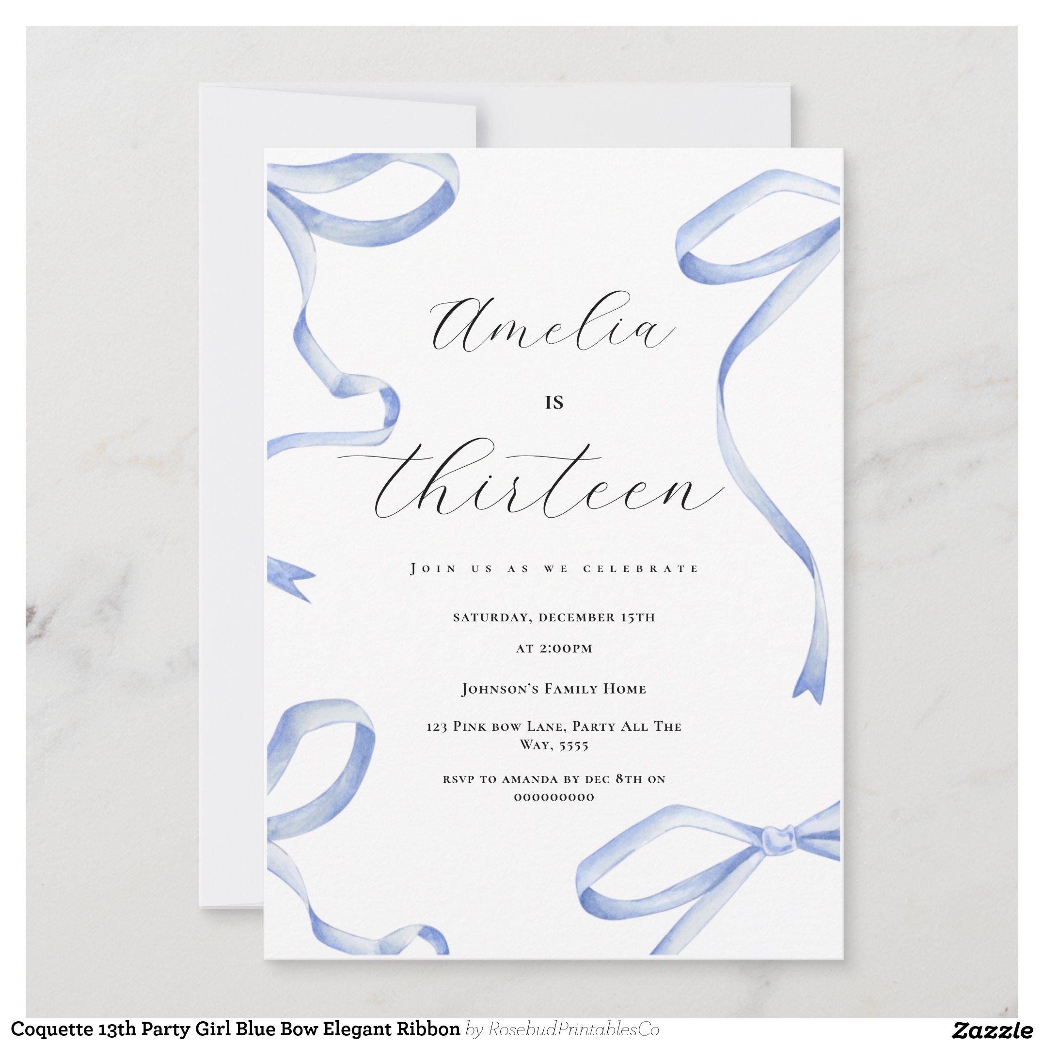 Coquette 13th Party Girl Blue Bow Elegant Ribbon Invitation