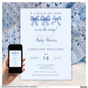 Coquette Blue Bows Christian Child of God Boy Invitation