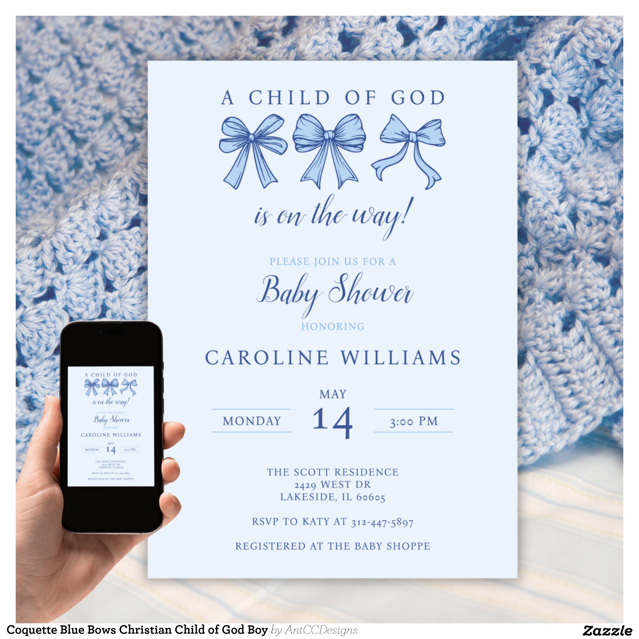 Coquette Blue Bows Christian Child of God Boy Invitation