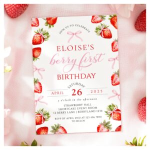 Coquette Bow Berry First Strawberry First Birthday Invitation