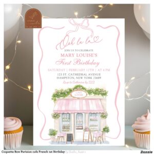 Coquette Bow Parisian cafe French 1st Birthday Invitation