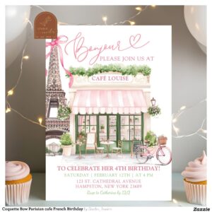 Coquette Bow Parisian cafe French Birthday Invitation