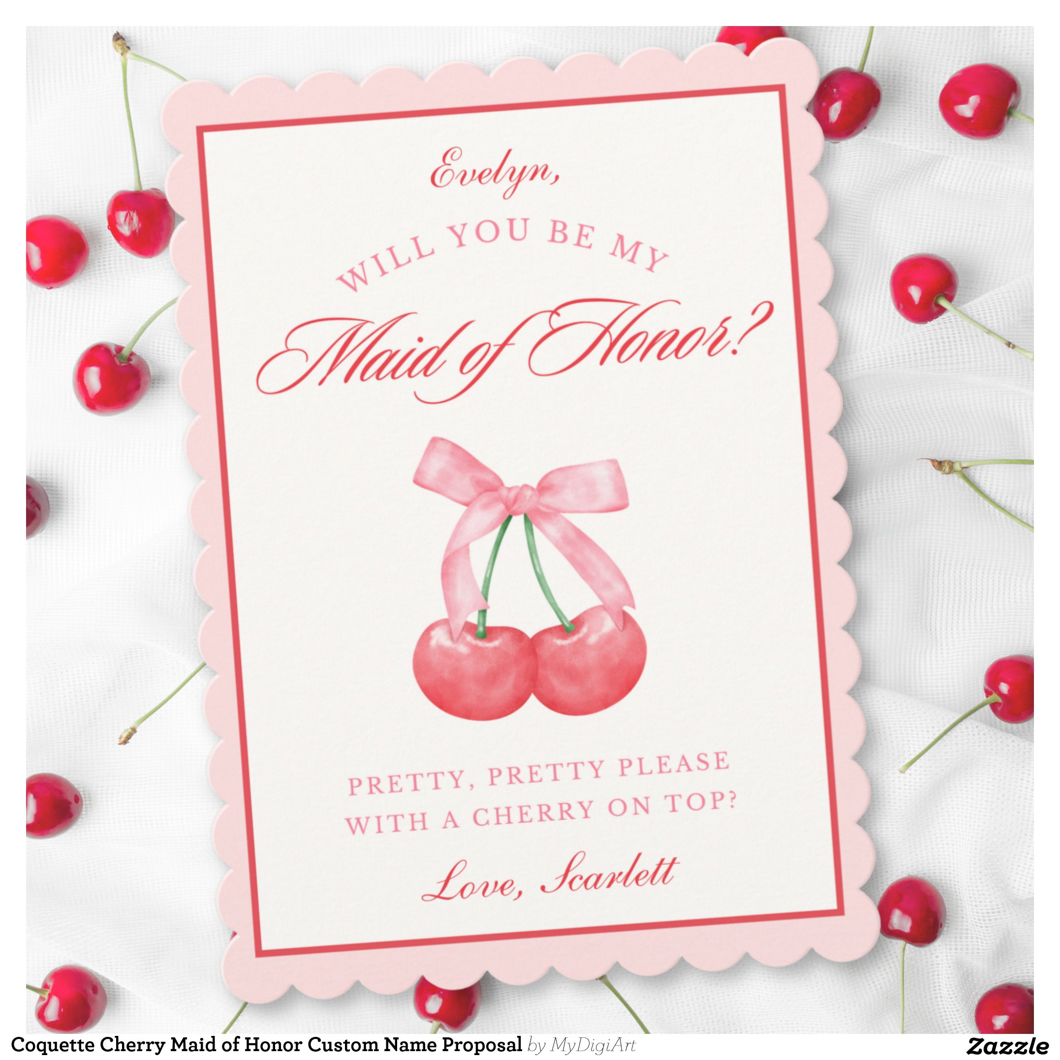 Coquette Cherry Maid of Honor Custom Name Proposal Invitation
