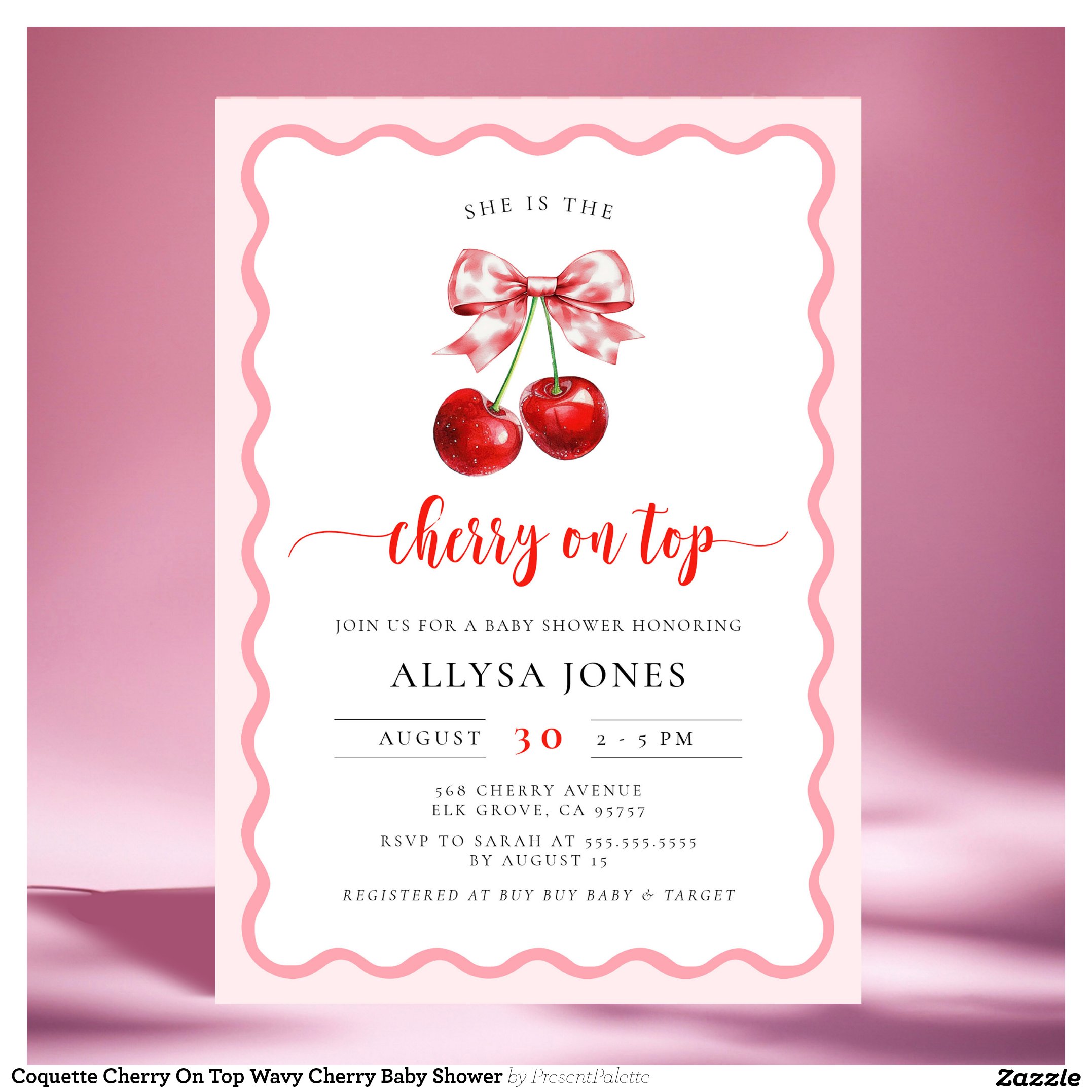 Coquette Cherry On Top Wavy Cherry Baby Shower Invitation