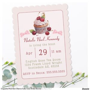 Coquette Pink Bow Cherry Cake Cute Bridal Shower Invitation