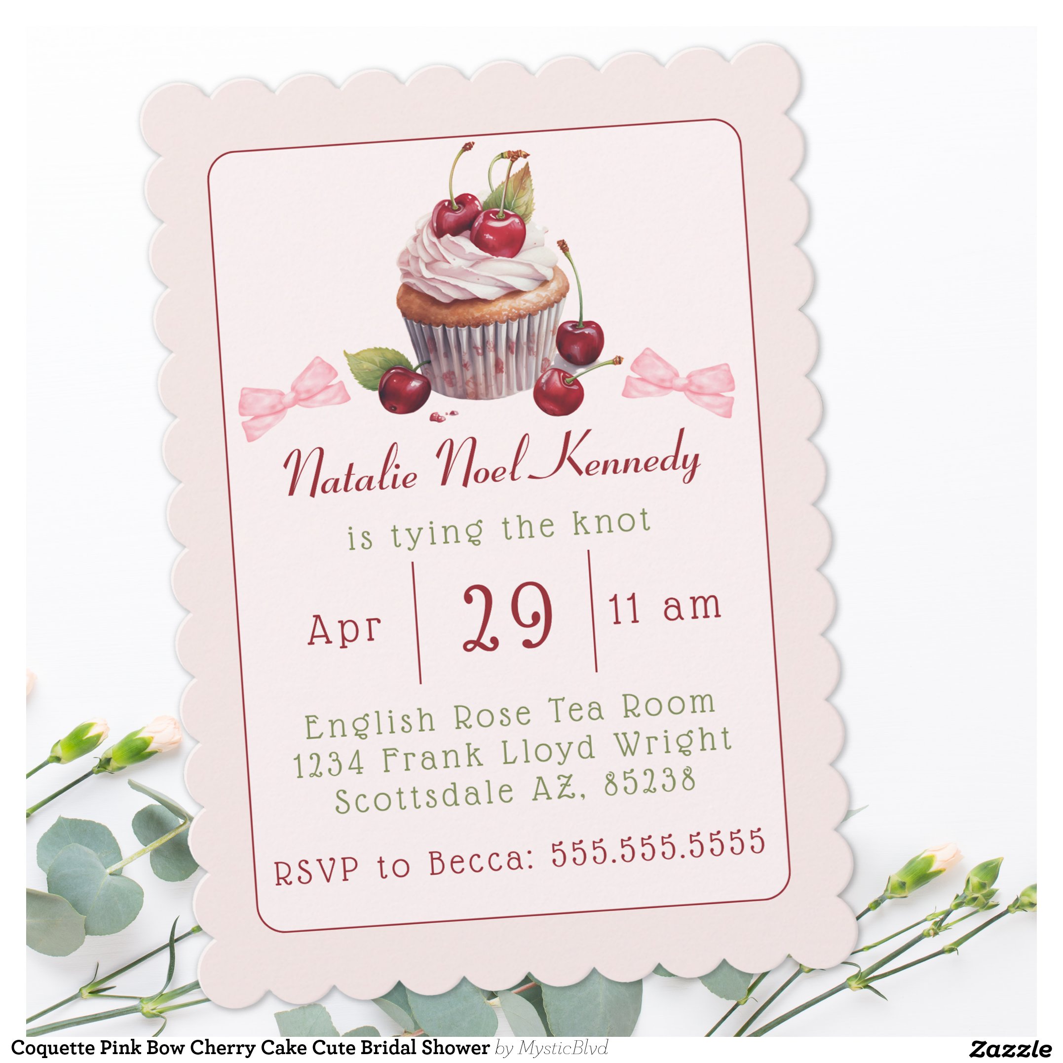 Coquette Pink Bow Cherry Cake Cute Bridal Shower Invitation
