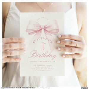 Coquette Pink Bow First Birthday Invitation