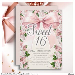 Coquette Pink Bow Floral Vintage Sweet 16 Invitation