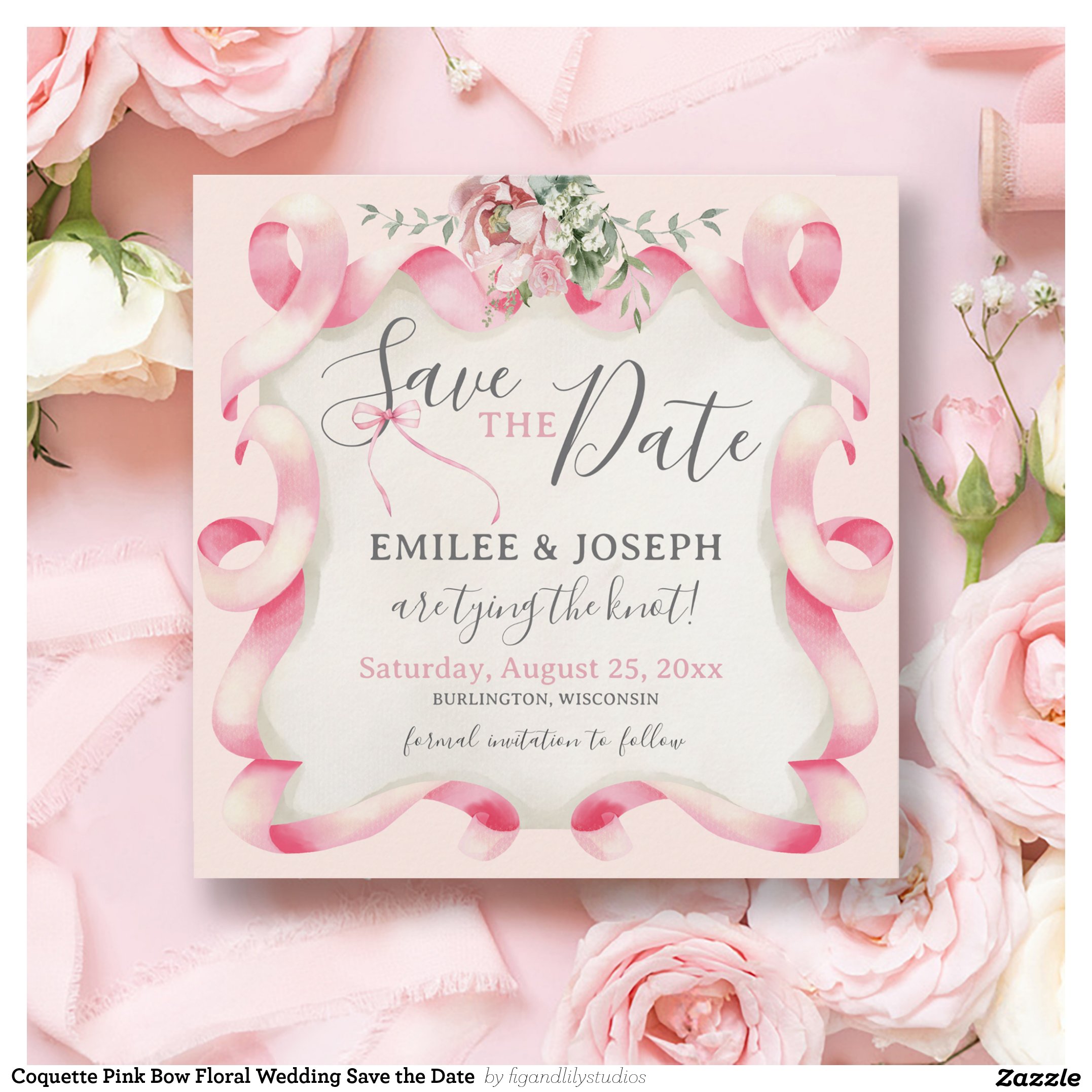 Coquette Pink Bow Floral Wedding Save the Date Invitation