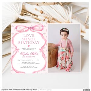 Coquette Pink Bow Love Shack Birthday Photo Invitation
