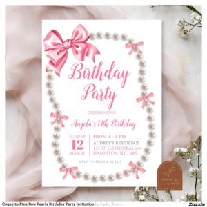 Coquette Pink Bow Pearls Birthday Party Invitation