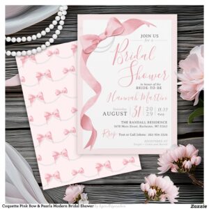 Coquette Pink Bow & Pearls Modern Bridal Shower Invitation