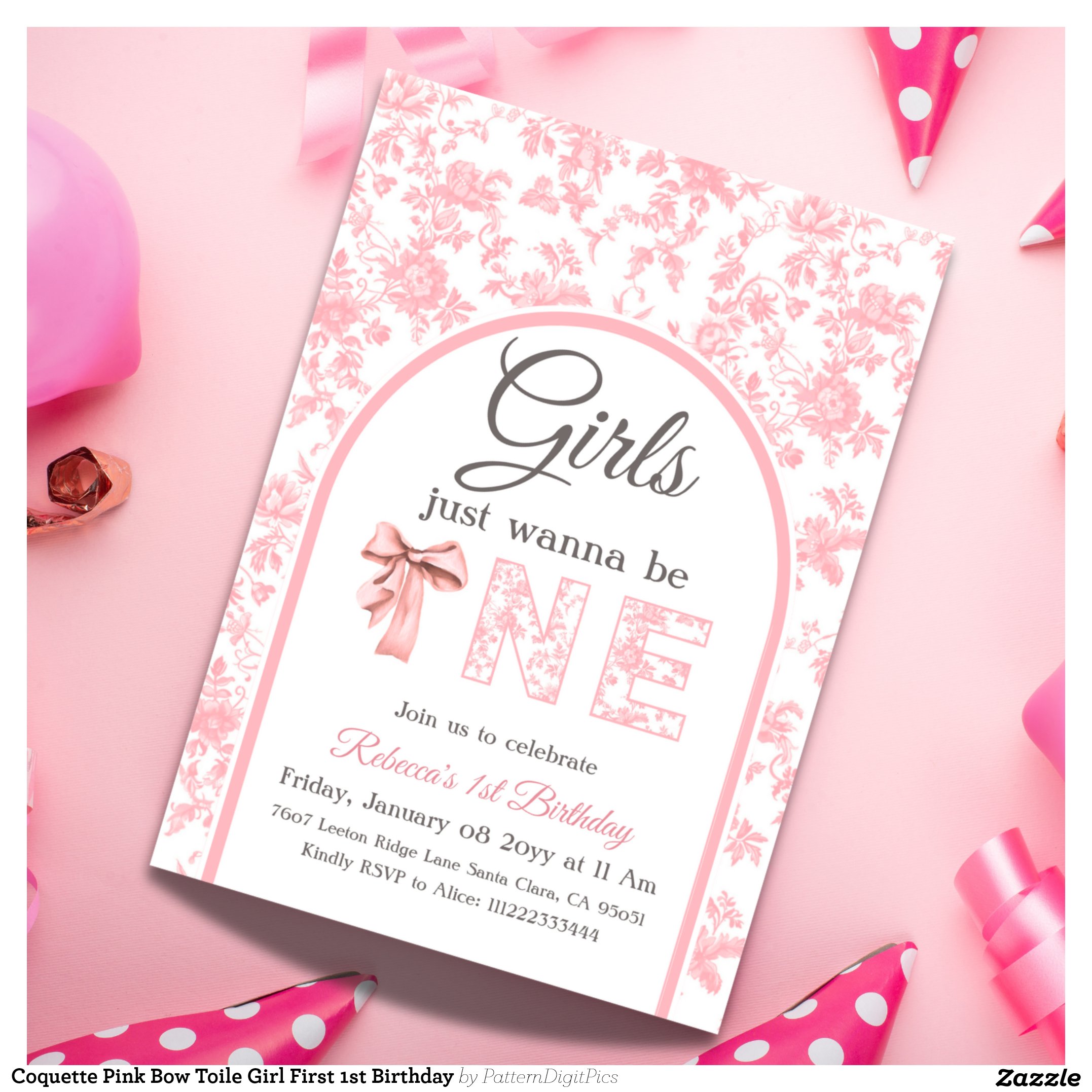 Coquette Pink Bow Toile Girl First 1st Birthday Invitation