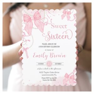 Coquette Pink Bows Pearls Sweet Sixteen Birthday Invitation