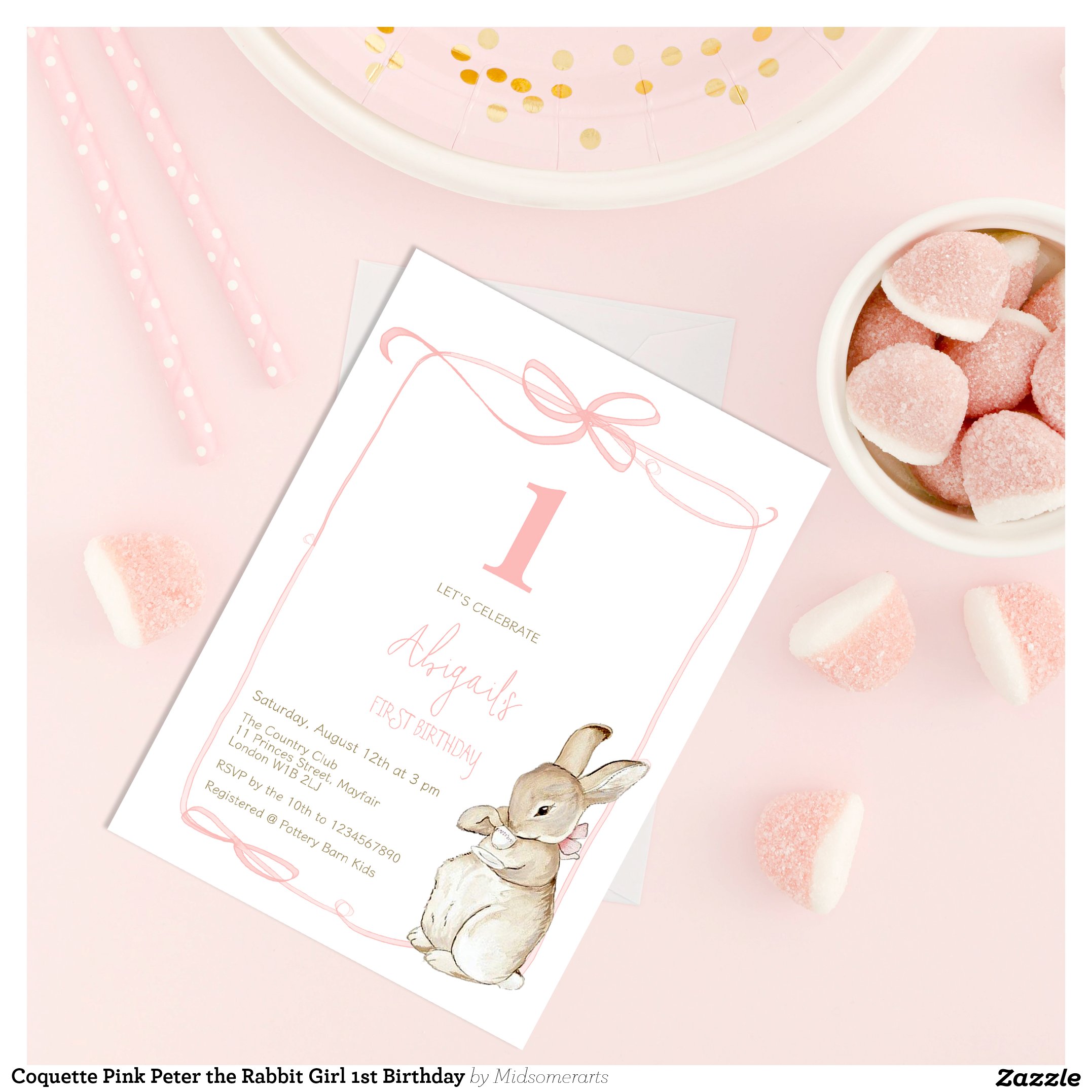 Coquette Pink Peter the Rabbit Girl 1st Birthday Invitation