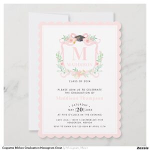 Coquette Ribbon Graduation Monogram Crest Invitation