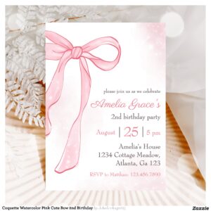 Coquette Watercolor Pink Cute Bow 2nd Birthday Invitation