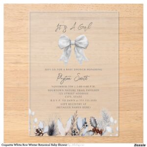 Coquette White Bow Winter Botanical Baby Shower Acrylic Invitations
