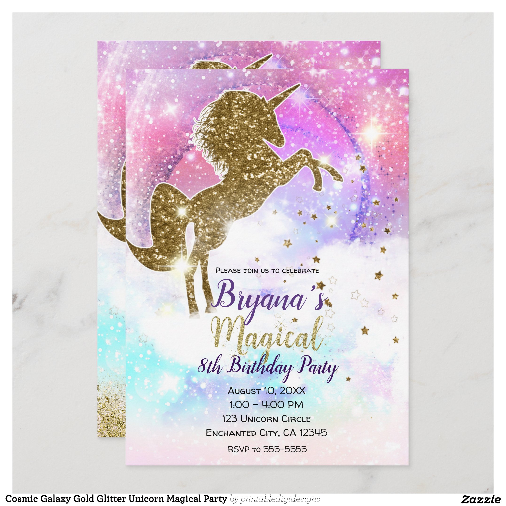 Cosmic Galaxy Gold Glitter Unicorn Magical Party Invitation
