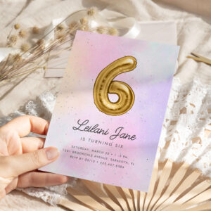 Cotton Candy Watercolor Girls 6th Birthday Balloon Invitation