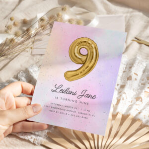 Cotton Candy Watercolor Girls 9th Birthday Balloon Invitation