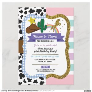Cowboy & Unicorn Boys Girls Birthday Invites