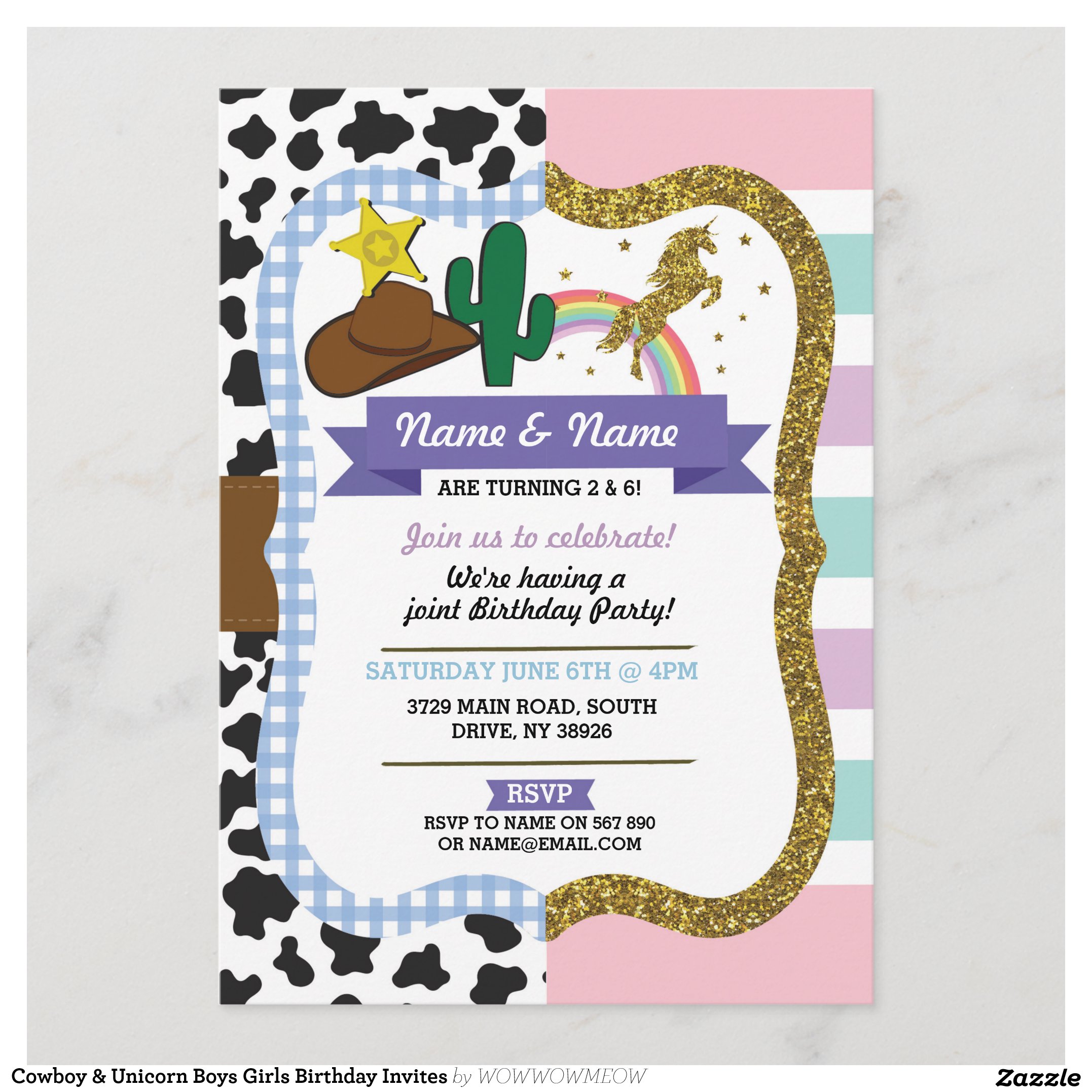 Cowboy & Unicorn Boys Girls Birthday Invites