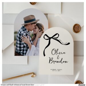 Cream and black whimsical hand drawn bow save the date