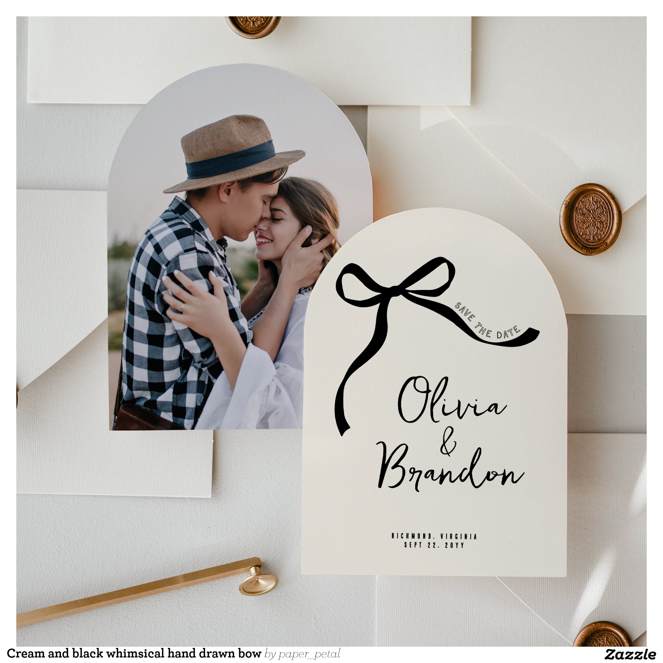 Cream and black whimsical hand drawn bow save the date