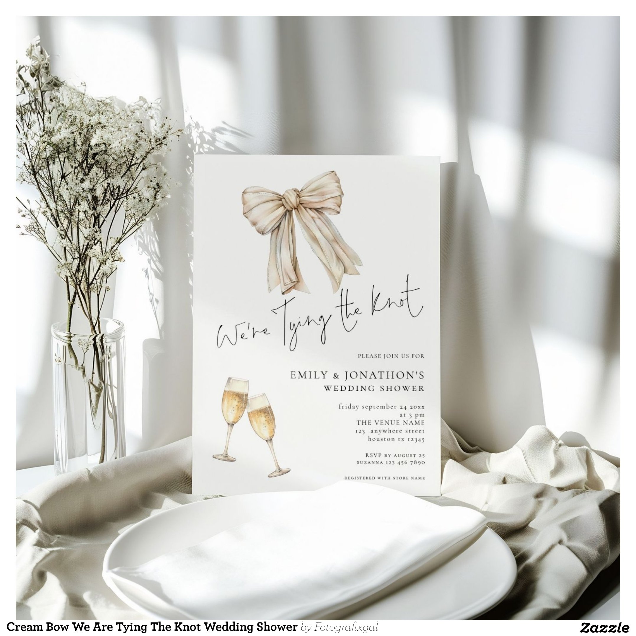 Cream Bow We Are Tying The Knot Wedding Shower Invitation