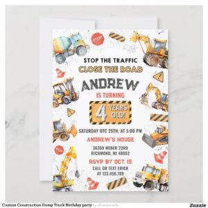 Custom Construction Dump Truck Birthday party Invitation