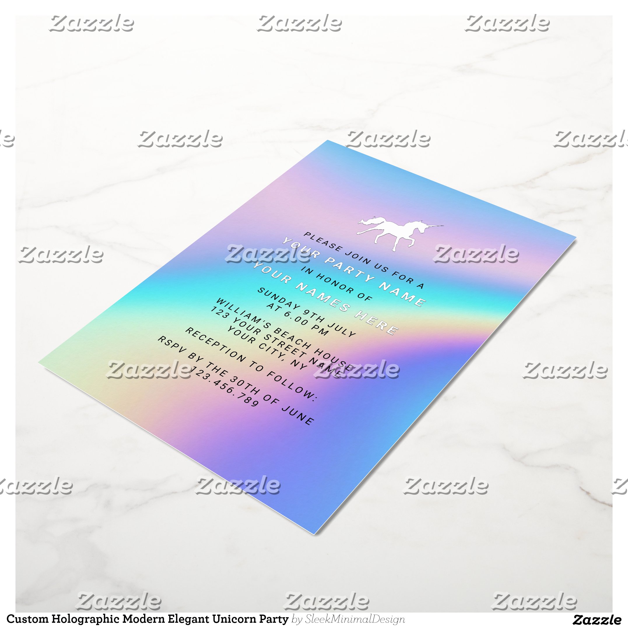 Custom Holographic Modern Elegant Unicorn Party Foil Invitation