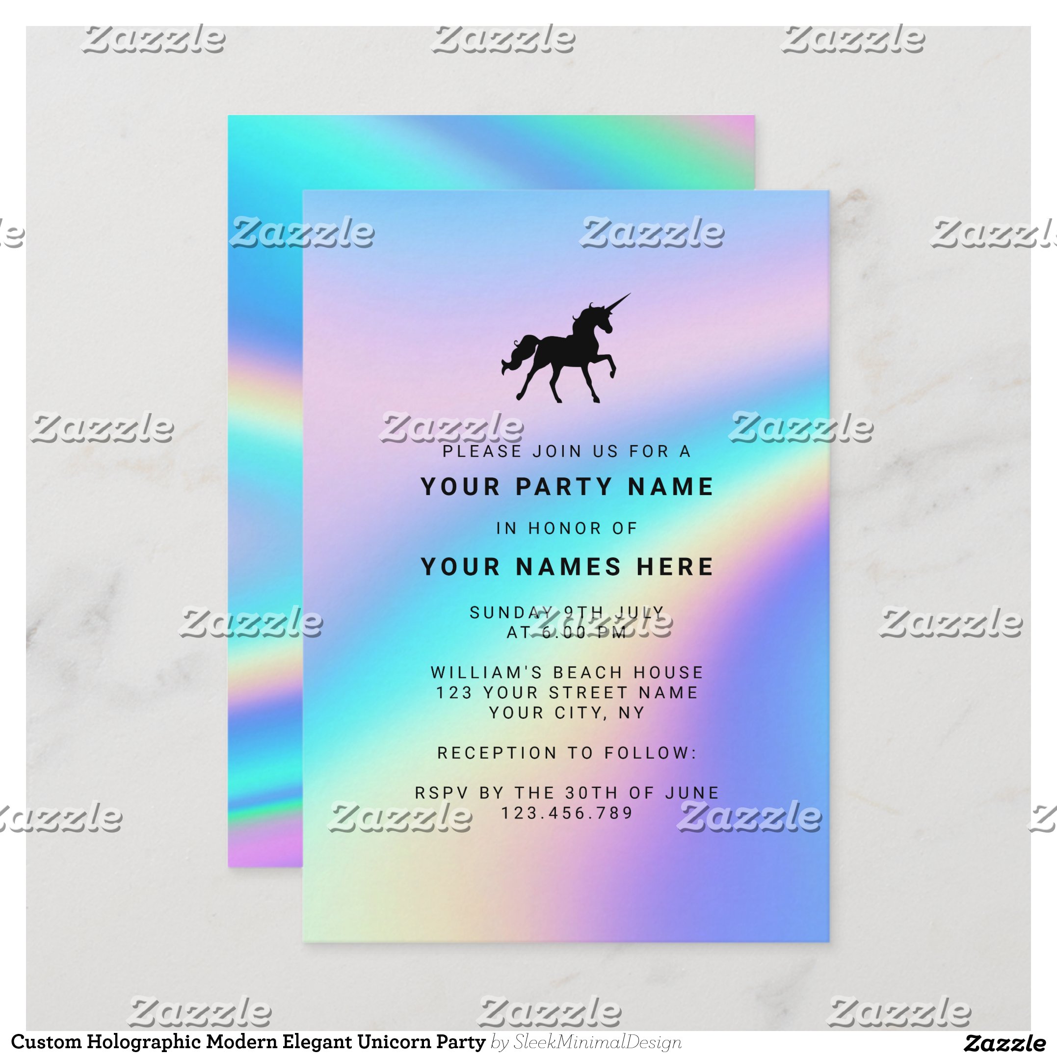 Custom Holographic Modern Elegant Unicorn Party Invitation