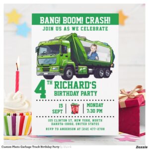 Custom Photo Garbage Truck Birthday Party Invitation